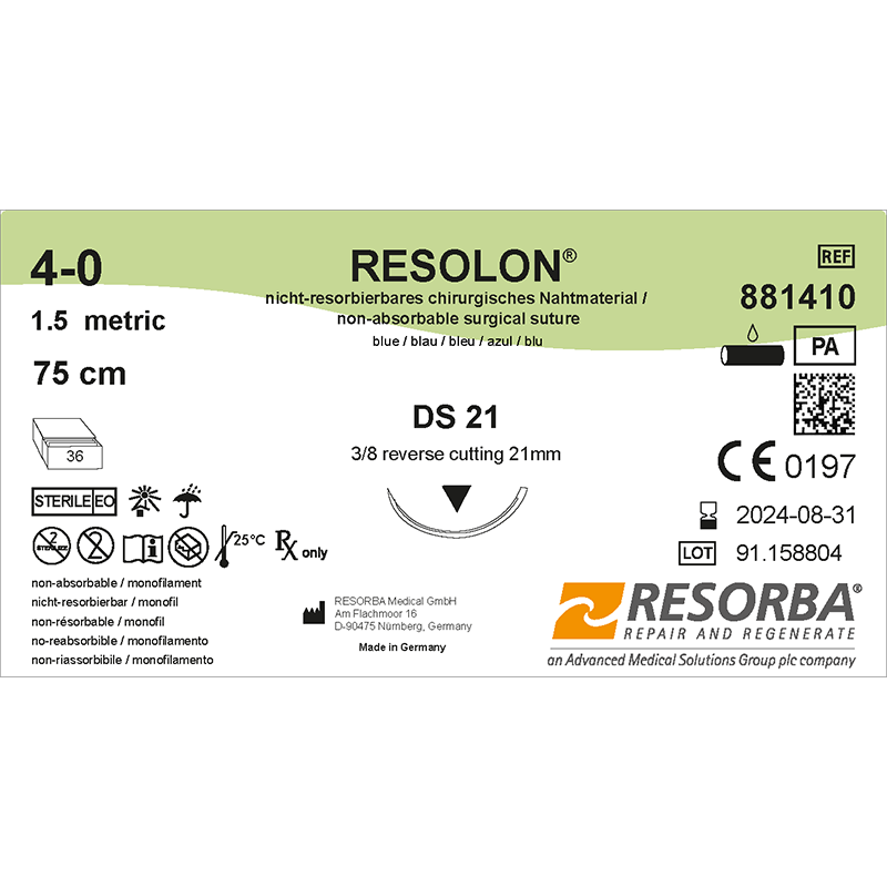 Резолон USP4-0 синій, довжина 75см, зворотньо-ріжуча голка 21мм, 3/8 кола